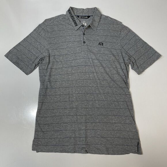 Travis Mathew Men’s Polo Shirt Gray Blue Stripe Golf Tour Embroidered Med - Picture 2 of 7